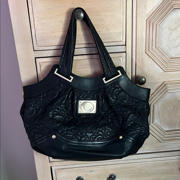 Versace Black Embossed Leather Shoulder Bag with Gold Plaque